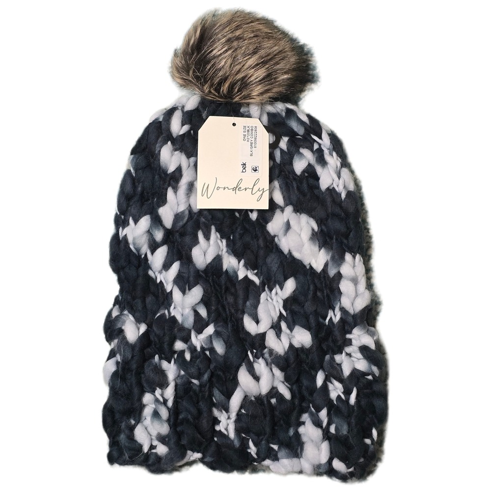 Wonderly unisex Beanie Hat Black White Gray‎ Combo Faux Fur Pom One Size (AB)